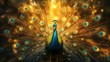 Obraz premium Radiant peacock with golden, blue, and green feathers in forest light. Elegant Peacock Feathers. Illustration