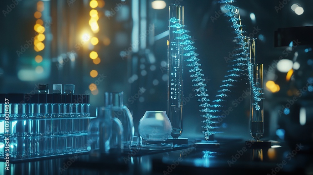 Poster stunning abstract representation of dna and genetic structures in a laboratory setting with soft lig