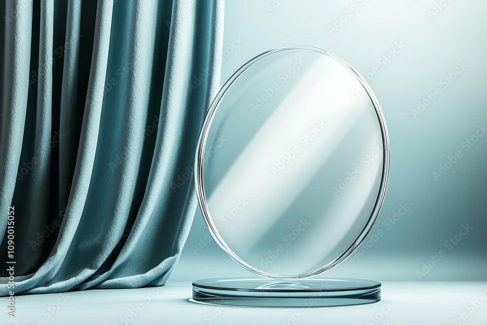 Poster a clear glass round object is sitting on a table next to a curtain