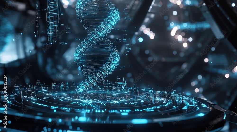 Poster futuristic digital representation of dna helix in a high-tech environment with glowing elements and 