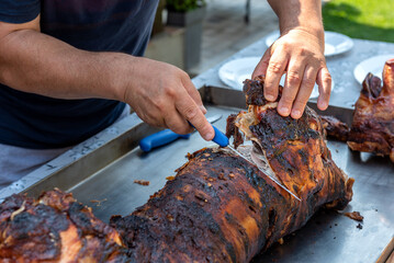 Cutting whole piglet roast