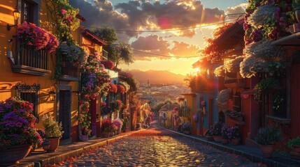 Fototapeta premium Vibrant street scene at sunset adorned with colorful flowers.