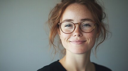 Obraz premium Young woman with red hair and freckles wearing glasses, smiling warmly, portrait against a neutral background, capturing a moment of joy and confidence.