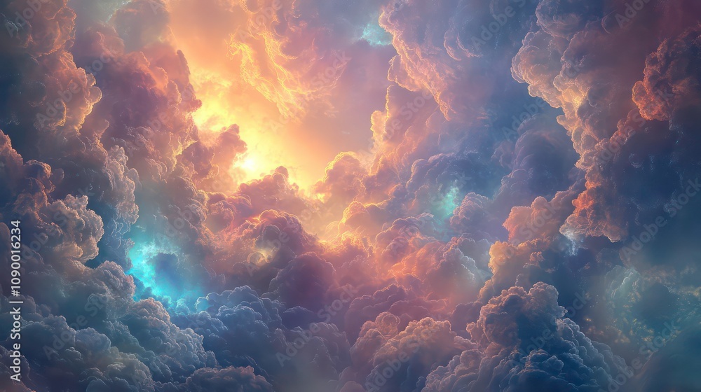 Poster a breathtaking view of the sky with colorful clouds and sun rays breaking through.