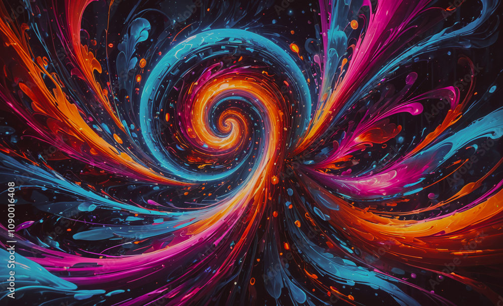 Poster a colorful spiral with a blue center and orange and red swirls. the spiral is surrounded by a dark b
