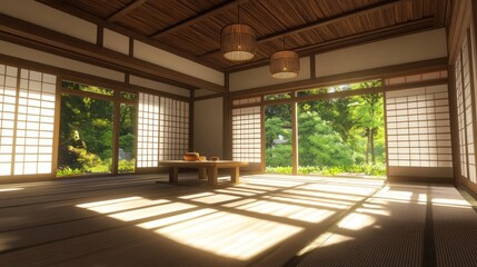 Naklejka premium Traditional Japanese Interior Design with Tranquil Garden View