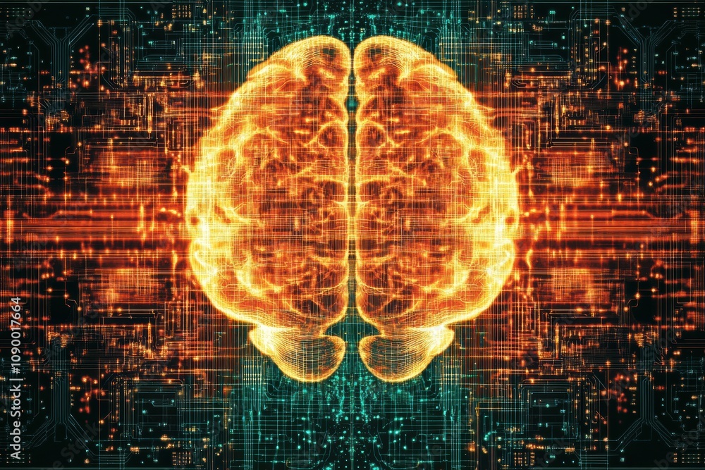 Poster A vibrant digital brain design showcases intricate patterns and glowing connections, reflecting the complexity of modern technology and intelligence. Generative AI