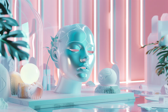 Modern minimal beauty blogger studio with mannequin head on table surrounded by geometry sphere shapes. Futuristic makeup tutorials and cosmetic content creation.
