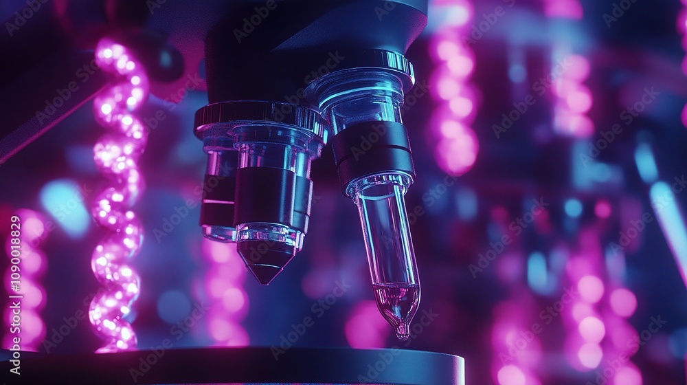 Poster close-up of advanced microscope with colorful light effects showcasing precision measurement and sci