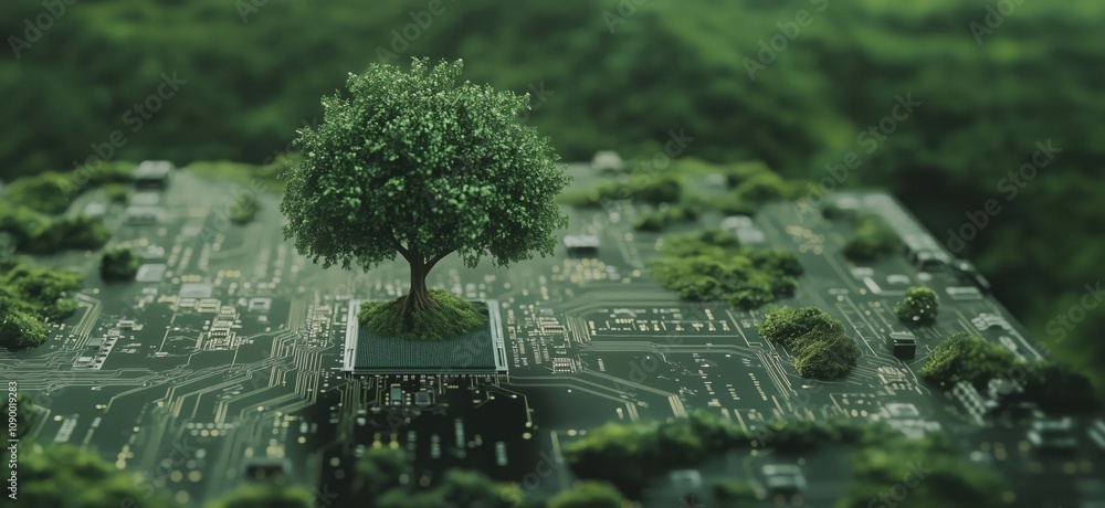 Poster tree growing on circuit board, symbolizing technology and nature integration. lush green foliage, in