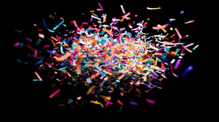 Colorful confetti explosion on black background.