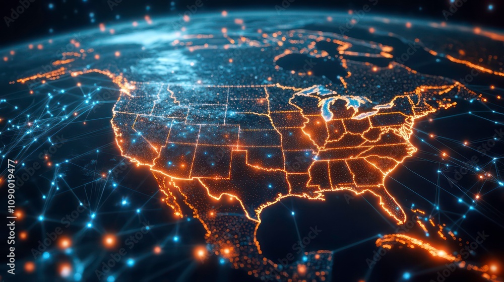Poster a glowing digital map of the united states with connected lines representing data flow.