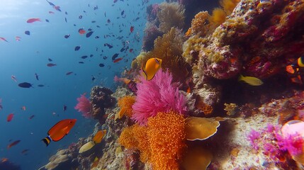 Obraz premium Vibrant underwater scene with colorful coral and diverse fish species.