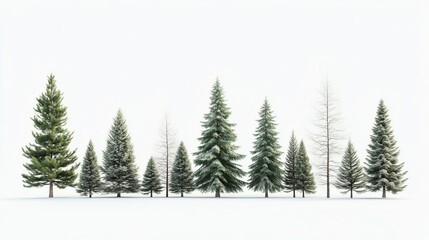 Obraz premium Row of diverse snow-covered pine trees creating a serene winter landscape.
