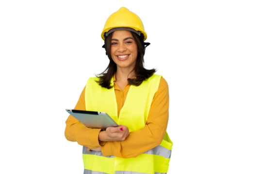 Latina engineer wearing a helmet and safety equipment