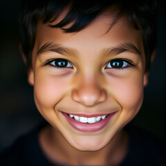 A close-up of a young persons face with a soft smile and bright eyes symbolizing resilience and determination despite challenges.