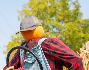 pumpkin head farmer on a tractor with steering wheel