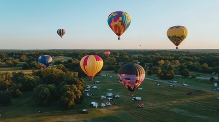 Fototapeta premium Colorful hot air balloons ascend over a tranquil landscape at sunrise.