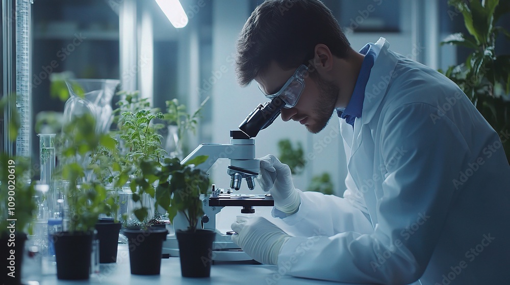Poster scientist observes plant specimens under microscope in modern laboratory setting filled with greener