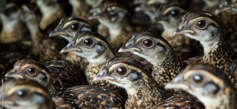 Poster flock of birds, close-up view of numerous quails with intricate feather patterns and expressive eyes