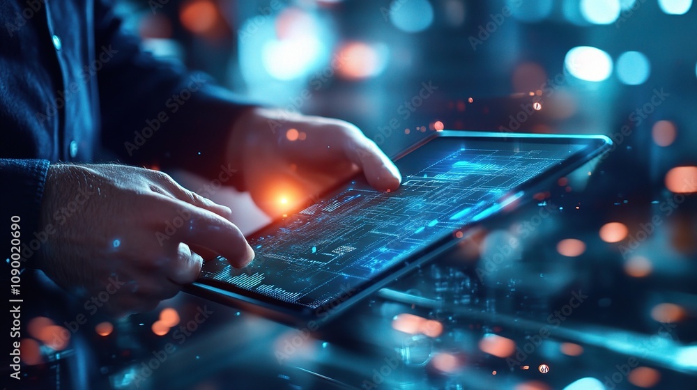 Poster hands interacting with digital tablet displaying data and analytics in a futuristic setting with abs