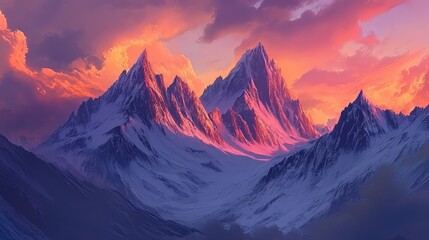 Fototapeta premium Majestic Snow-Capped Mountains at Sunset with Dramatic Clouds and Vivid Colors Illuminating the Scenic Landscape in an Awe-Inspiring Display of Nature