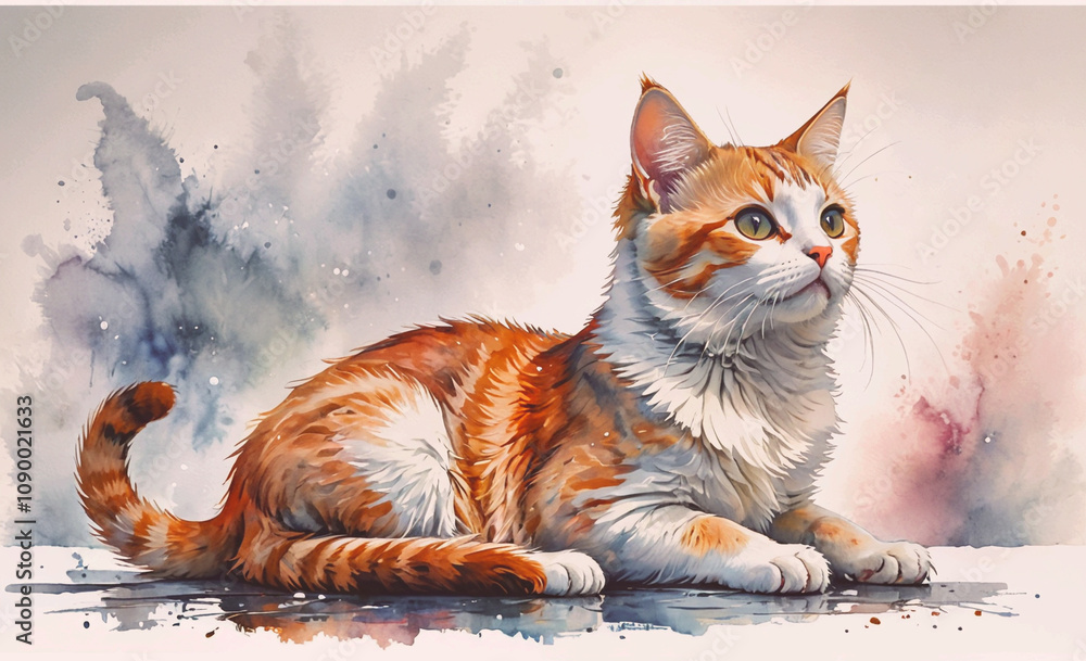 Poster a cat is sitting on a table with its paws on the edge. the cat is orange and white