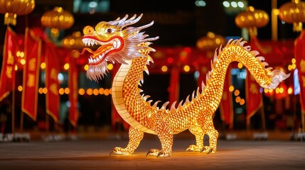 Fototapeta premium A vibrant, illuminated dragon sculpture stands amidst red lanterns, symbolizing celebration and cultural heritage in a festive setting.