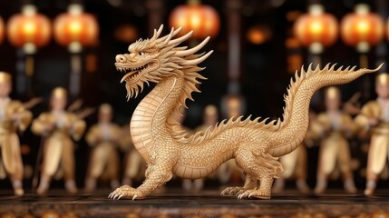 Fototapeta premium A majestic gold dragon stands in a vibrant setting adorned with lanterns, surrounded by golden figures, exuding an aura of power and mystique.