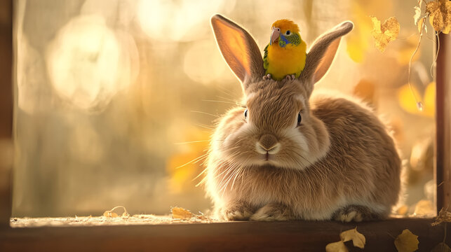 A fluffy rabbit with soft fur, calmly sitting with a small parakeet perched on its head