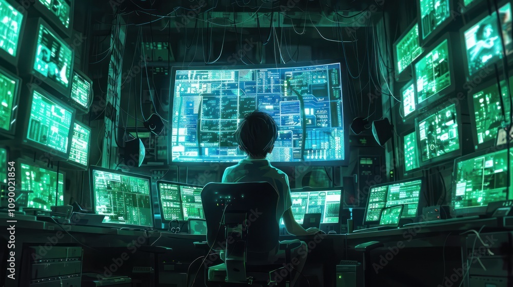 Poster a person monitors multiple screens in a high-tech control room.