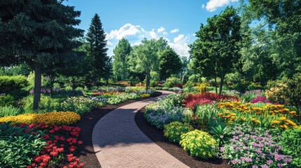 Vibrant Floral Pathway Through a Beautiful Garden with Lush Greenery, Colorful Flowers, and Clear Blue Sky on a Sunny Day