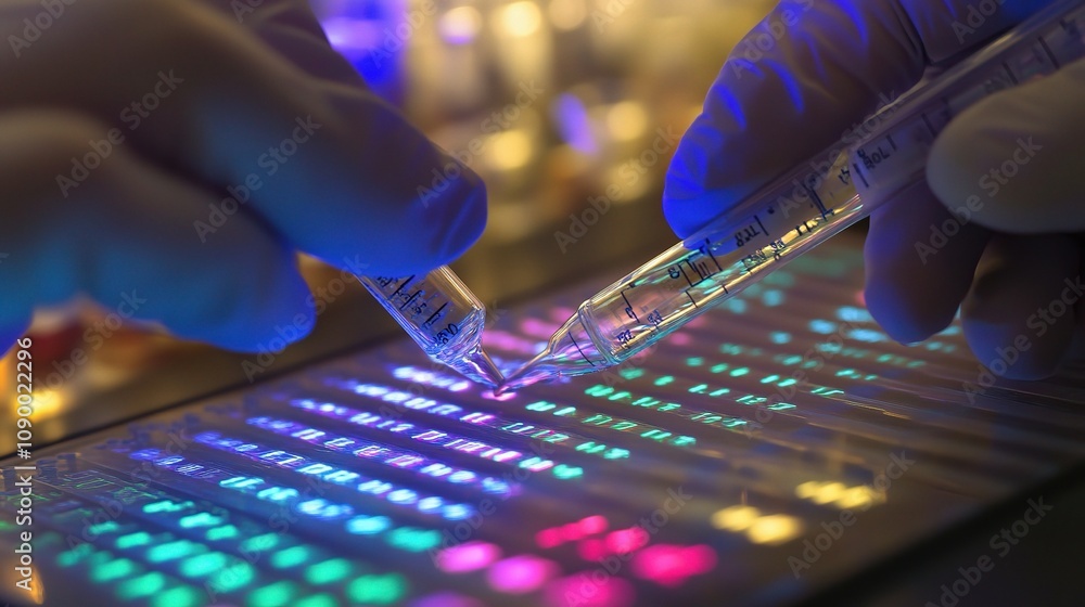 Poster close-up of hands in latex gloves conducting experiment with gene sequencing equipment and colorful 