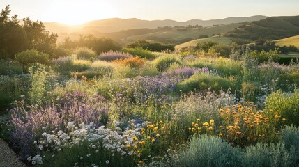 Vibrant Meadow Landscape at Sunrise with Colorful Wildflowers and Rolling Hills Under a Golden Sky