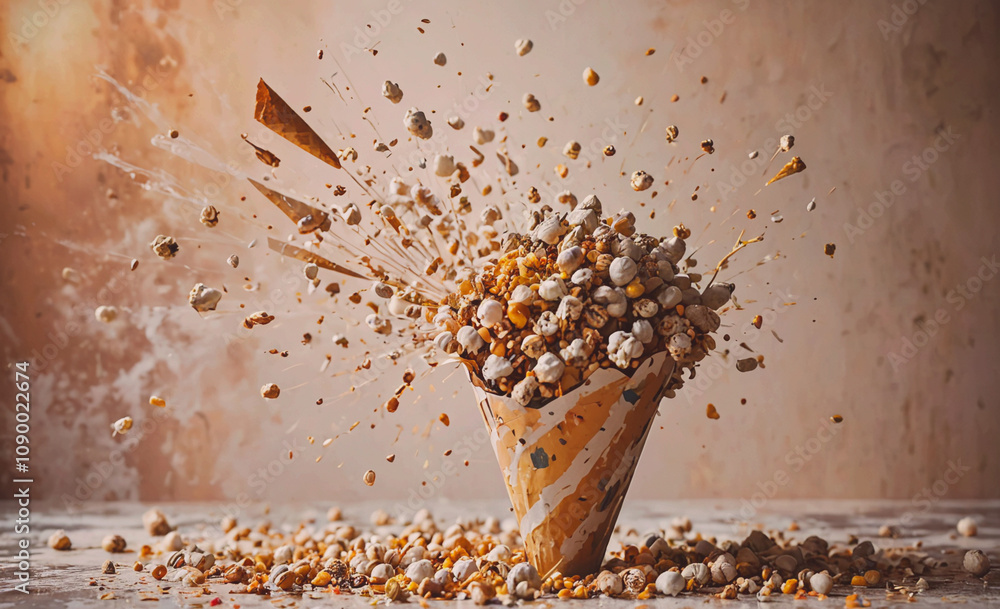 Poster A cone of popcorn is scattered all over the table. The popcorn is in various sizes and shapes, and it looks like it has exploded. The scene gives off a sense of chaos and excitement