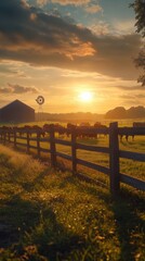 A picturesque rural scene with a wooden fence leading to a barn and cattle grazing in the field, illuminated by the golden light of a setting sun.