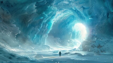 A lone figure stands in a stunning icy cavern illuminated by light.