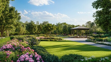 Obraz premium Scenic Garden Landscape with Vibrant Flowers and a Charming Pavilion Surrounded by Lush Greenery Under a Bright Blue Sky
