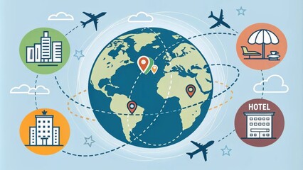 Travel Rewards A globe surrounded by icons representing flights hotel stays and dining promoting travel points and perks.