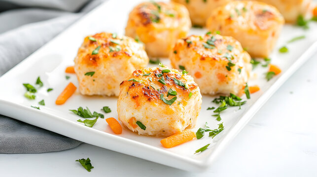 Traditional gefilte fish served on white platter, garnished with herbs and carrots, showcasing delightful presentation. Perfect for festive occasions