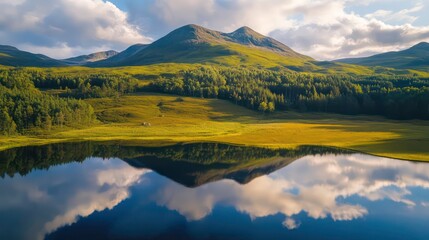 Fototapeta premium Aerial view of mountain with reflection in water
