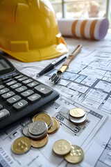 A construction workspace featuring plans, coins, a calculator, and tools for project management.