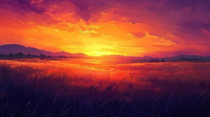 Fototapeta premium Majestic Sunset Over Serene Landscape with Vibrant Colors and Rolling Hills, Ideal for Capturing Nature's Beauty and Tranquility in Any Setting