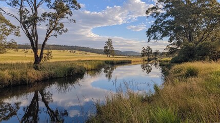 Fototapeta premium Serene Landscape Reflection of Trees and Sky Over a Calm River in a Rural Australian Setting Under a Beautiful Cloudy Blue Sky