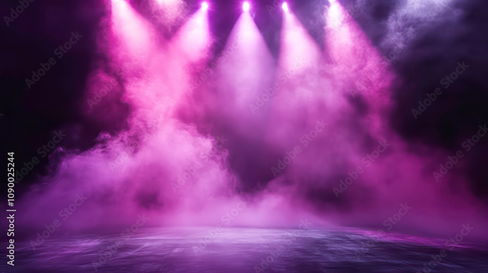 Poster abstract pink and purple smoke on black background. empty display stage with light rays and mist or 