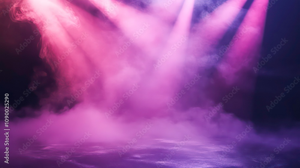 Poster abstract pink and purple smoke on black background. empty display stage with light rays and mist or 