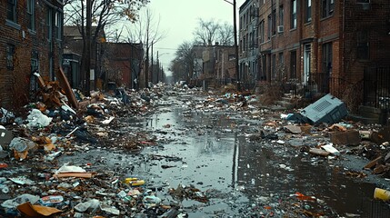 Urban Street Littered with Debris and Water Puddles