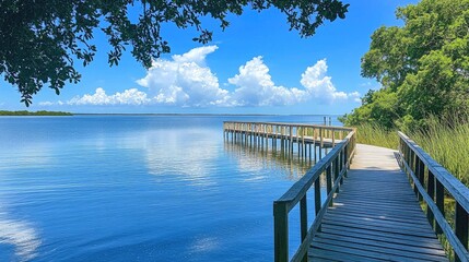 Obraz premium Serene Coastal Landscape with Boardwalk Overlooking Calm Waters and Lush Greenery Under Bright Blue Sky and Fluffy White Clouds