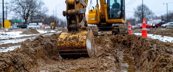 Excavator Digging Trench in Muddy Winter Road Construction