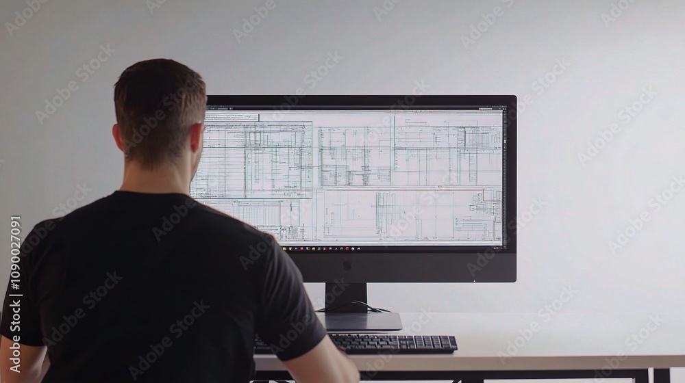 Poster professional individual analyzing architectural blueprints on a large monitor in a modern workspace 